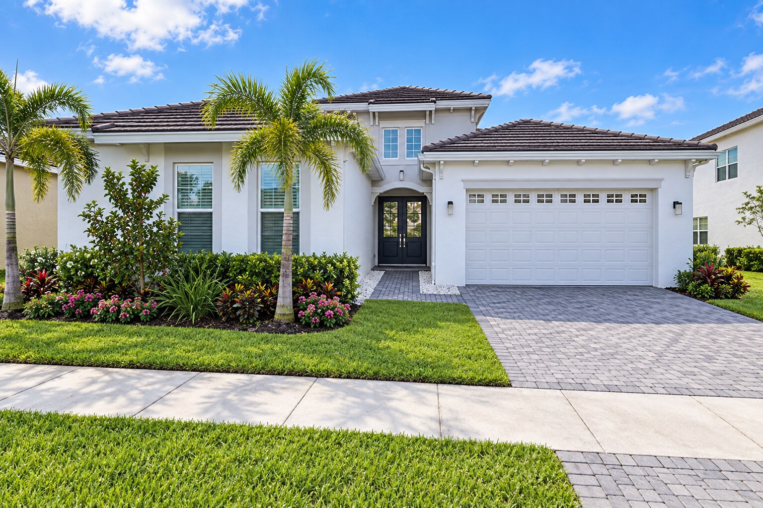 Bright South Florida home exterior with palm trees and flowering landscaping
